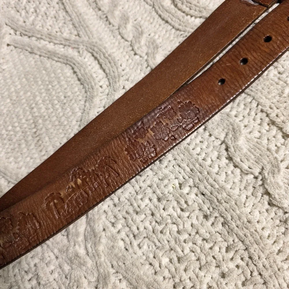 Brooks Brothers Belt Brown Embossed Leather Tropical Palm Tree Mens 34